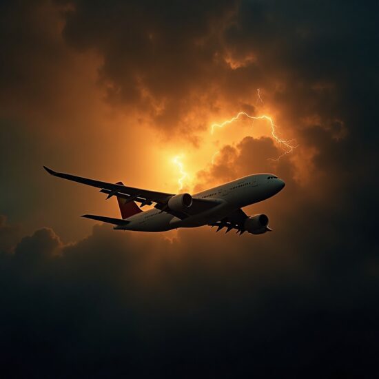 AI-generated image of a commercial passenger plane flying close to clouds