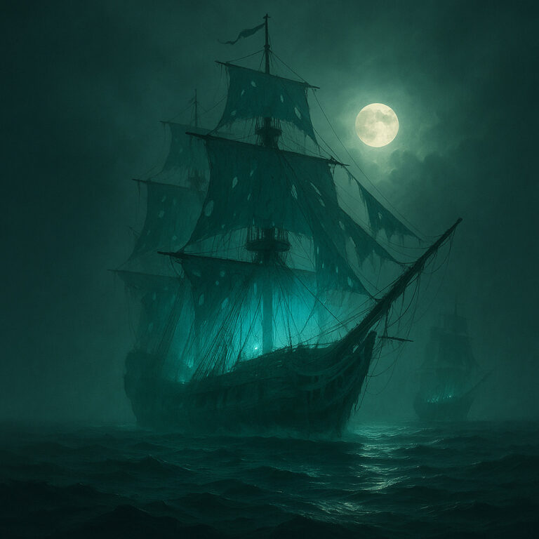 Ghostly AI-generated sailing ship with glowing green sails