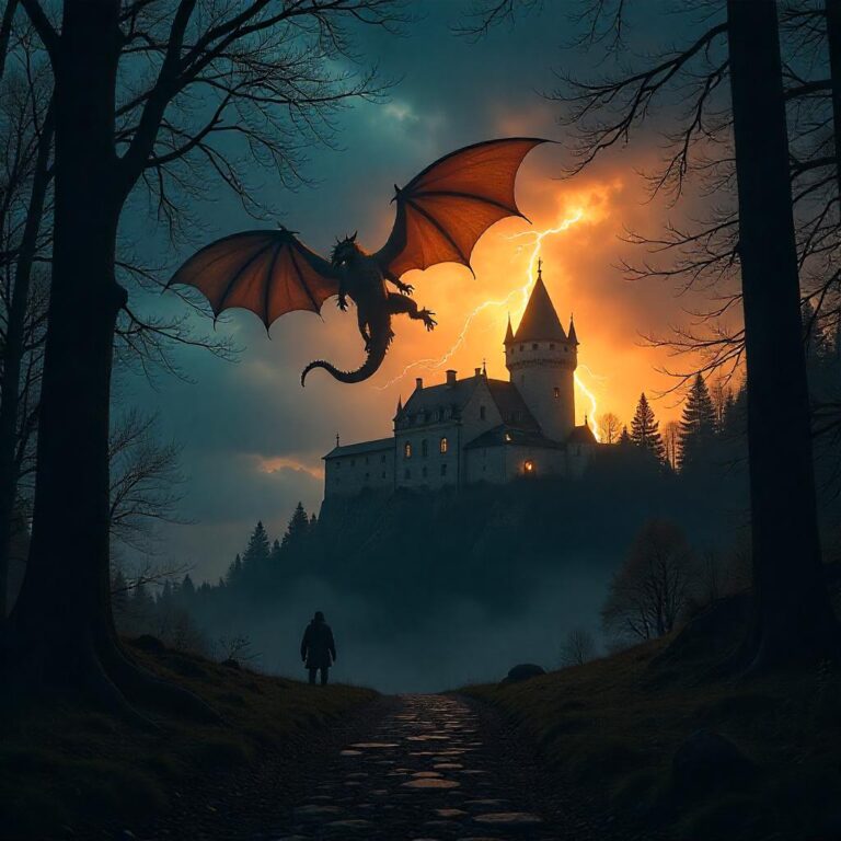 A golden dragon flying near a castle