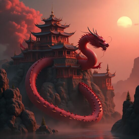 Large red Chinese dragon protecting its castle, in foggy atmosphere.