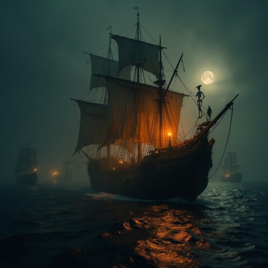 Fleet of pirate ships, sailing a calm ocean at night