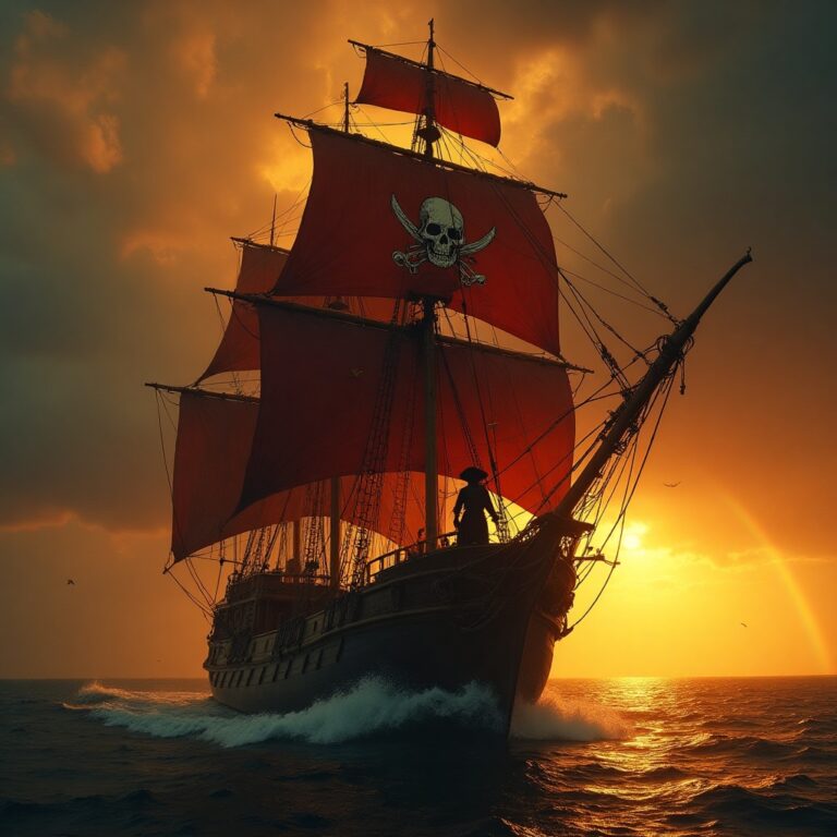 Pirate ship with red sails