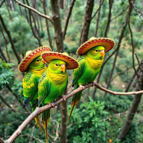 Three green parakeets in a forest, wearing sombreros.This image was generated by Leonardo.ai