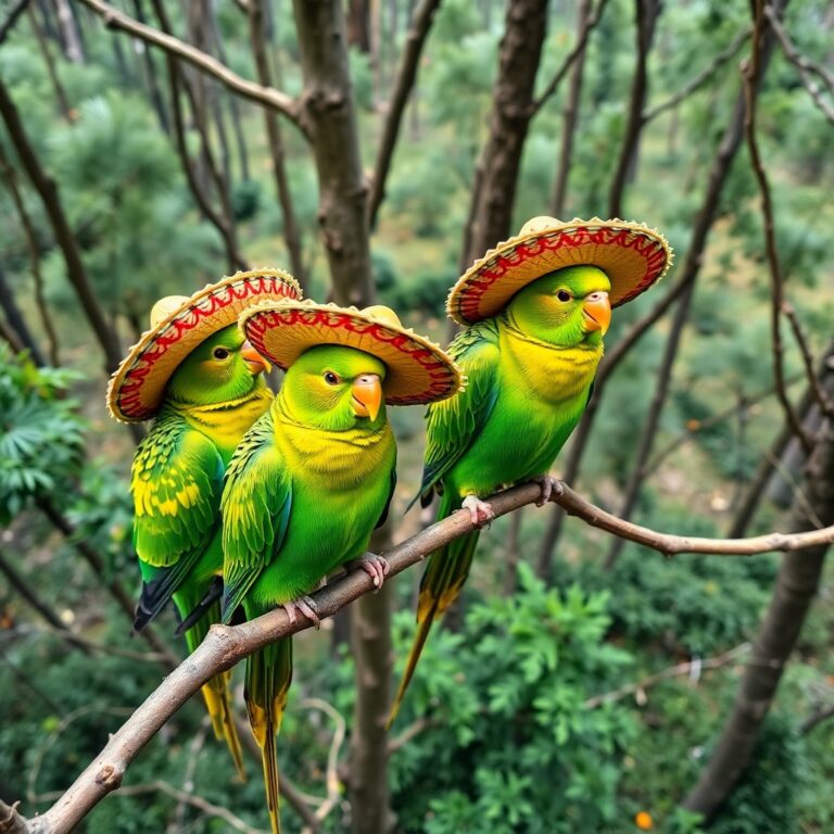 Three green parakeets in a forest